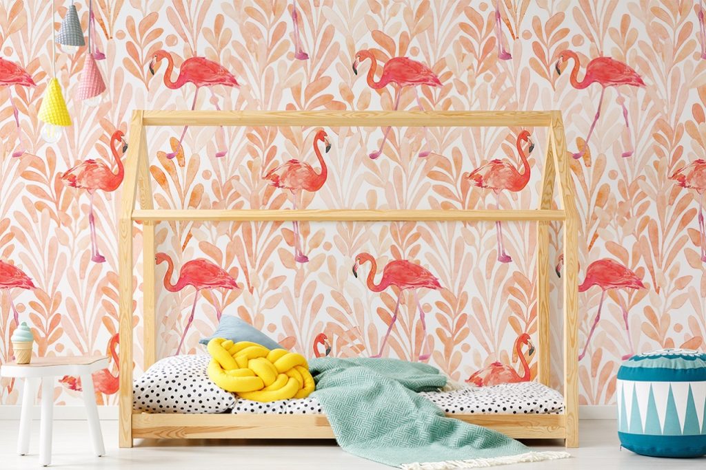 rosa Fototapete mit Flamingos im Kinderzimmer